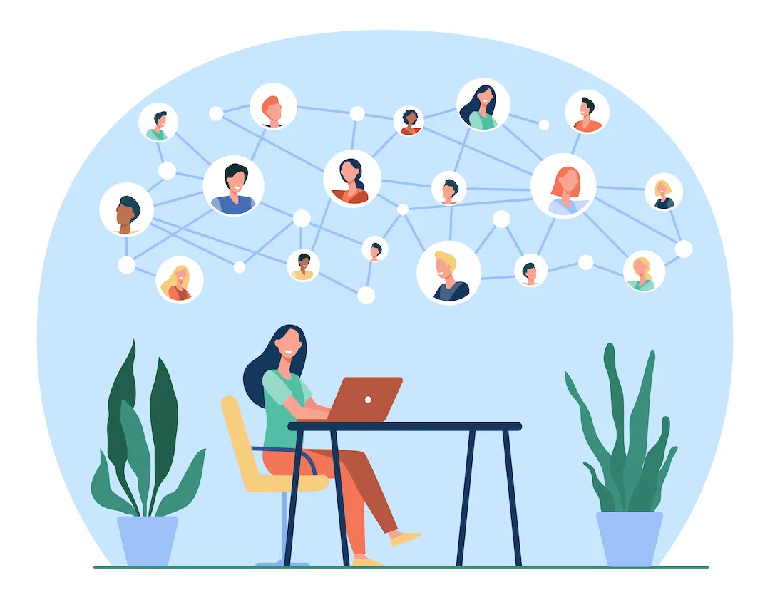 Il·lustració d'una persona connectada a les xarxes socials des de l'ordinador